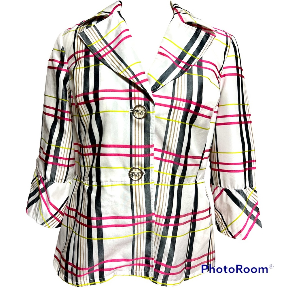 VNTG requirement white pink black plaid blazer size M